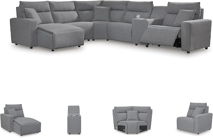 Signature Design by Ashley Modern ModMax II Stain Resistant U-Shape Right-Arm Facing 6-Piece Power Reclining Sectional with Chaise and Adjustable Headrest, Gray