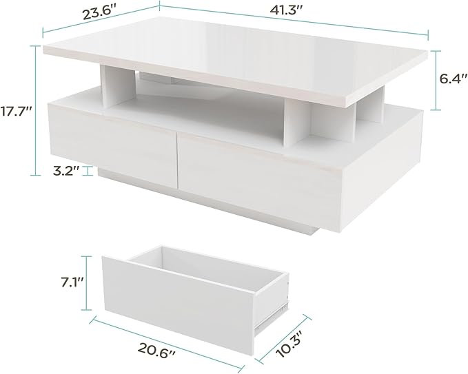 MHOM 41.3" LED Coffee Table, Modern White High Gloss Living Room Table with 4 Drawers, Stylish Center Table for Living Room, Office and Apartment, White