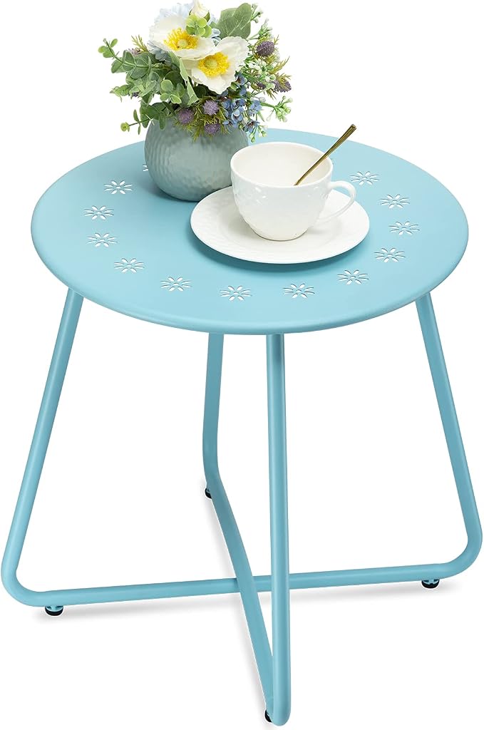 danpinera Outdoor Side Tables with Flower Cut Outs, Weather Resistant Steel Patio Side Table, Small Round Outdoor End Table Metal Side Table for Patio Yard Balcony Garden Blue by danpinera