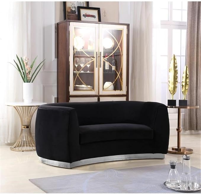 Meridian Furniture Julian Collection Modern | Contemporary Velvet Upholstered Loveseat with Stainless Steel Base in Polished Chrome Finish, Black, 70" W x 34" D x 28" H