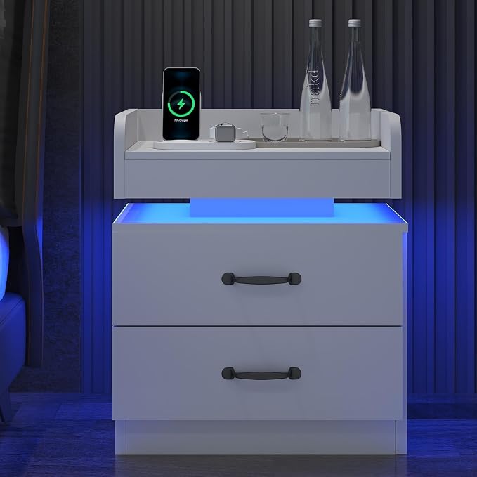 4ever2buy White Nightstand Set of 2 with Charging Station and LED Lights Modern Bedside Tables with 2 Drawers End Table for Bedroom - Image 9