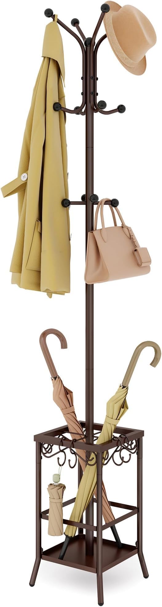 Hoctieon Coat Rack Freestanding, Coat Tree with Umbrella Holder, Metal Coat Rack Stand with 12 Hooks, Standing Coat Hanger Stand, Umbrella Stand for Entryway, Hat Rack Stand for Home Office, Brown by Hoctieon