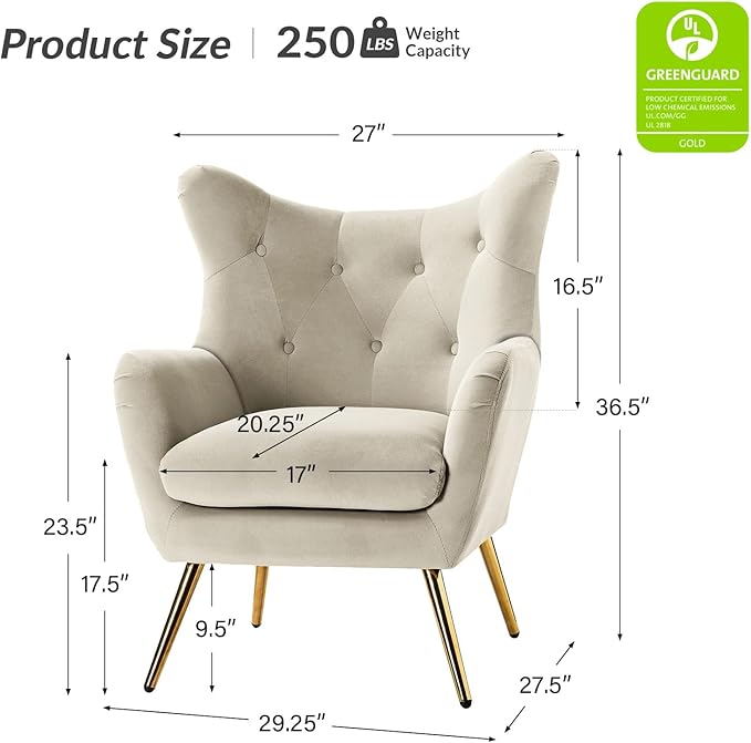 HULALA HOME Velvet Accent Chair, Modern Wingback Arm Chair with Metal Gold Legs, Velvet Tufted Upholstered for Living Room Bedroom(TAN)