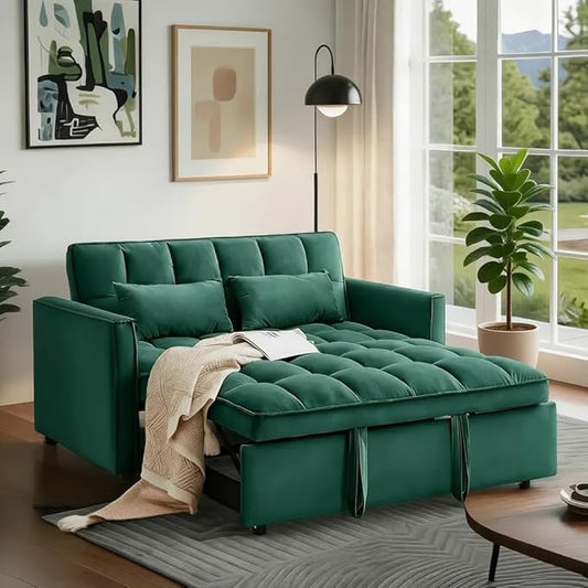 Convertible Sofa Bed, Pull Out Couch with Side Pockets, 3 in 1 Velvet Fabric Loveseat Sleeper Sofa Bed, Pull Out Couch with Adjustable Backrest for Living Room, Bedroom, Apartment, Green