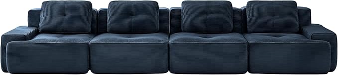 Casaphoria 150'' Blue Corduroy Cloud Couch, 4-Seater Boneless Sectional Sofa with 4 Pillows for Living Room, Deep Seat Sofa, No Assembly Required