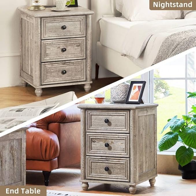RWYHG 18" Farmhouse Nightstand with Charging Station and USB Port, Grey Night Stand with 3 Drawers, Wood Bedside End Table with Storage, Bed Side Tables for Bedroom Living Room and Closet - Image 7