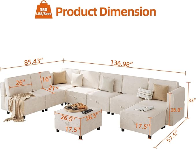 GAOMON Modular Sectional 9-Seat Sofa, L Shaped Sectional Couch with Removable Storage Ottoman, Convertible Sleeper Sofa Suitable for Living Room, Bedroom, and Apartments, Beige