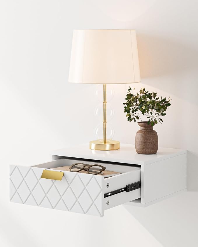 Aienvey Floating Nightstand, Floating Shelf with Drawer, Wall Mounted Nightstand, Floating Bedside Table (White Diamond) - Image 4