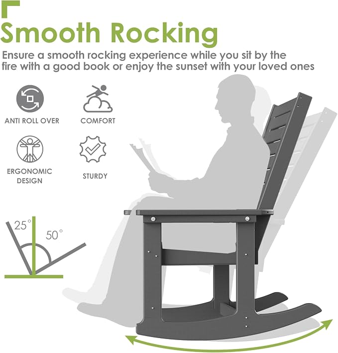 GREENVINES Outdoor Rocking Chair Set | 3-Piece | 2 Rocking Chairs with 1 Side Table | Porch Rocker | HDPE Plastic | Grey | Patio Furniture Sets | High Back | Big & Tall | Ladder Back - Image 5