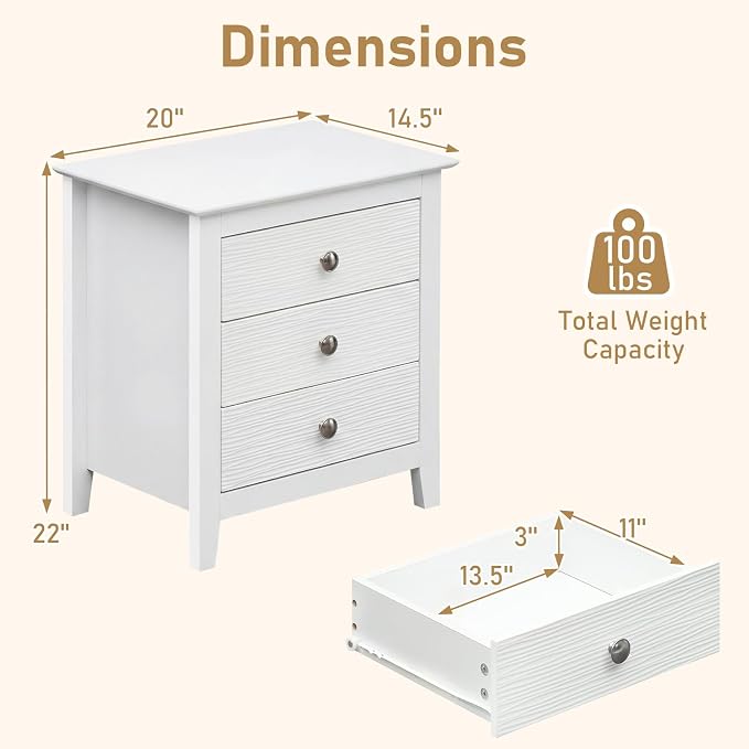 Giantex 3-Drawer Night Stand, 22’’ Compact Sofa End Couch Side Table w/Storage Drawers, Sturdy Legs, Modern Wood Nightstand Bedside Table for Bedroom College Dorm Small Spaces, White - Image 3