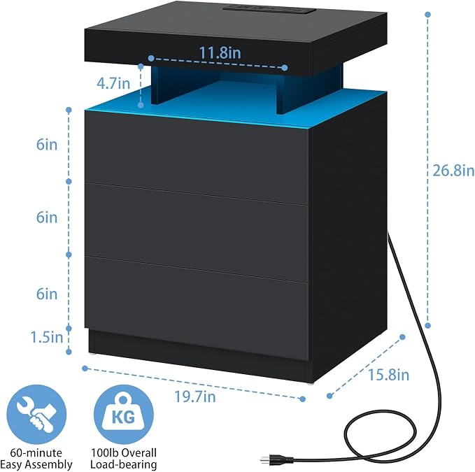 HOMMPA Nightstand with Charging Station and LED Light, Smart Nightstand with USB Port & Wireless Charging, Modern Night Stand with 3 Drawer, Black Beside Table with High Gloss Surface for Bedroom - Image 2