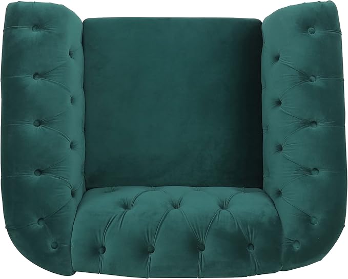 LEVNARY Velvet Chesterfield Chair, Mid-Century Modern Single Sofa Chair with Button Tufted Backrest and Nailhead Decor, Tufted Upholstered Rolled Armchair for Home Bedroom Reading Room (Green)