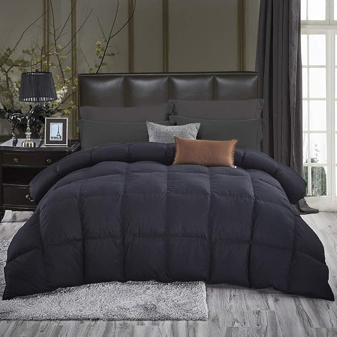 Luxurious Oversized California King Goose Down Comforter, 108 X 98 inches, Unique Black Solid, 600 Thread Count, 100% Egyptian Cotton Cover, 80 Oz Fill Weight, 750 Fill Power