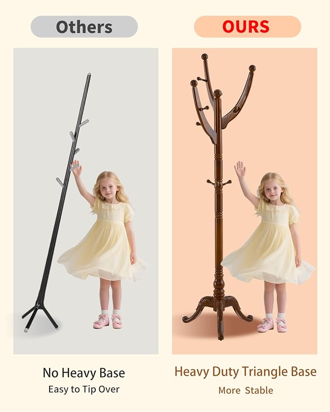 Wooden Coat Rack Freestanding, Solid Wood Coat Rack Stand with 13 Hooks, Mid-Century Modern Heavy Duty Coat Racks,Walnut Brown Standing Coat Jacket Hanger Clothes Tree Stand for Corner, Office - Image 5