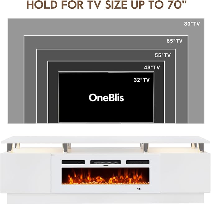 70" TV Stand for Living Room, Entertainment Center & Media Console with Storage, Fits TVs up to 80", Modern TV Cabinet with Shelves, 36" Electric Fireplace (All White) - Image 5