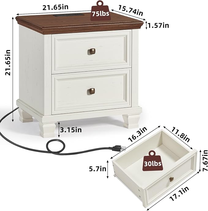 SAVOR LIFE Farmhouse Nightstand with Charging Station, Rustic Low Night Stand with 2 Drawers, Mid-Century Modern End Table with 4 Square Solid Wood Legs, Small Dresser for Bedroom, Home, White - Image 2