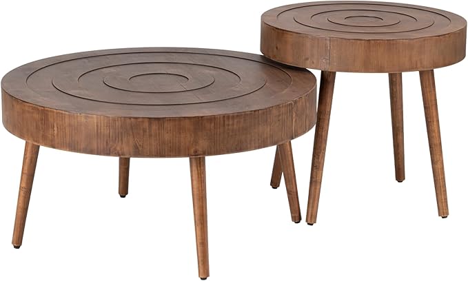COSIEST Round Coffee Table Set of 2, Nesting Tables with Circle Pattern, Modern End Table for Living Room, Farmhouse, Brown