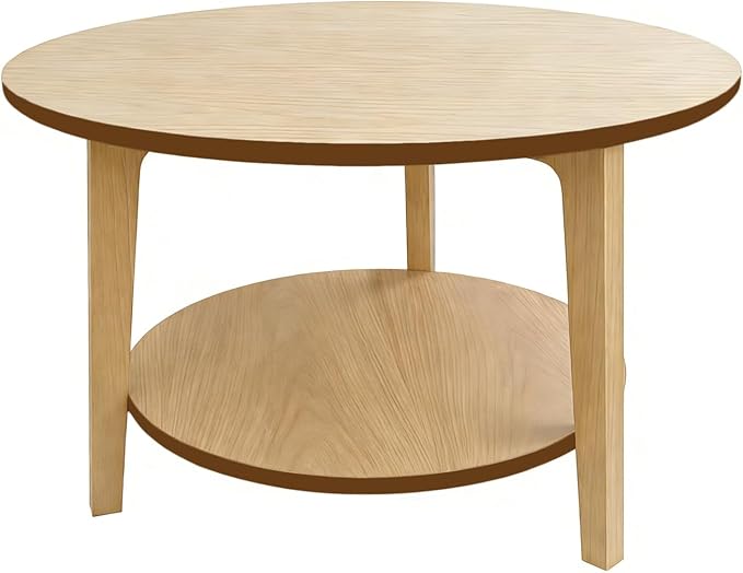2-Tier Round Coffee Table Wood Nesting Side Table (Oak Coffee Table, 28x28x18)