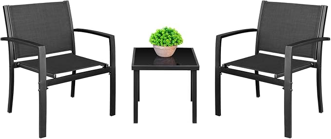 Homall 3 Pieces Patio Furniture Set Outdoor Patio Conversation Textilene Bistro Set Modern Porch Lawn Chairs with Coffee Table for Home and Balcony (Black) by Homall