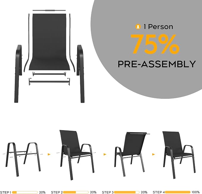 Patio Chairs, Stackable Outdoor Dining Chairs for All Weather Textilene Fabric & Metal Frame, Outdoor Chairs Set for Backyard Deck Garden (Black, Set of 4) - Image 5