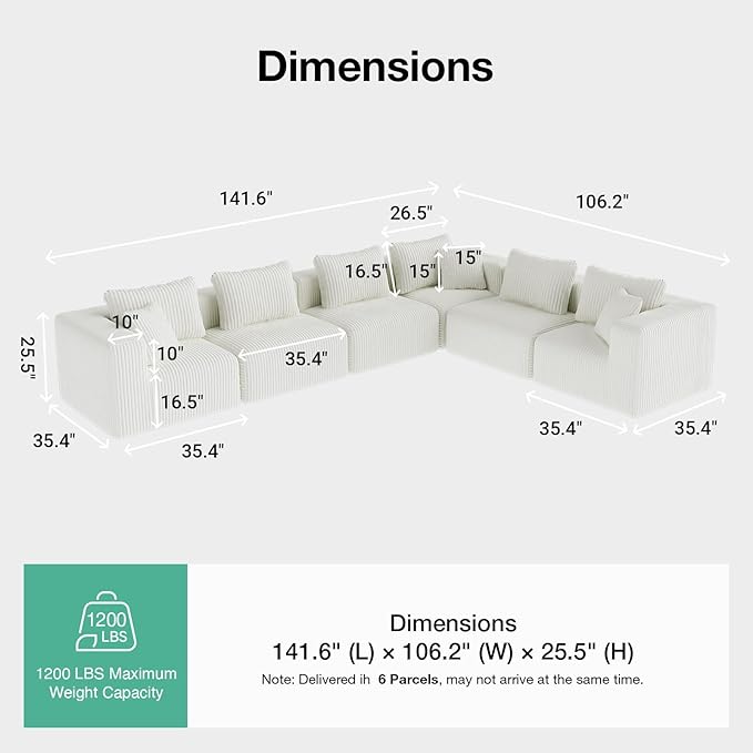 Novilla 141" Modular Sectional Sofa, Modern Cloud Sectional Couch with Smarts Coil® Support, L-Shape Boneless Couch for Living Room Apartments Bedroom, No Assembly Required, Beige (6 Seat)