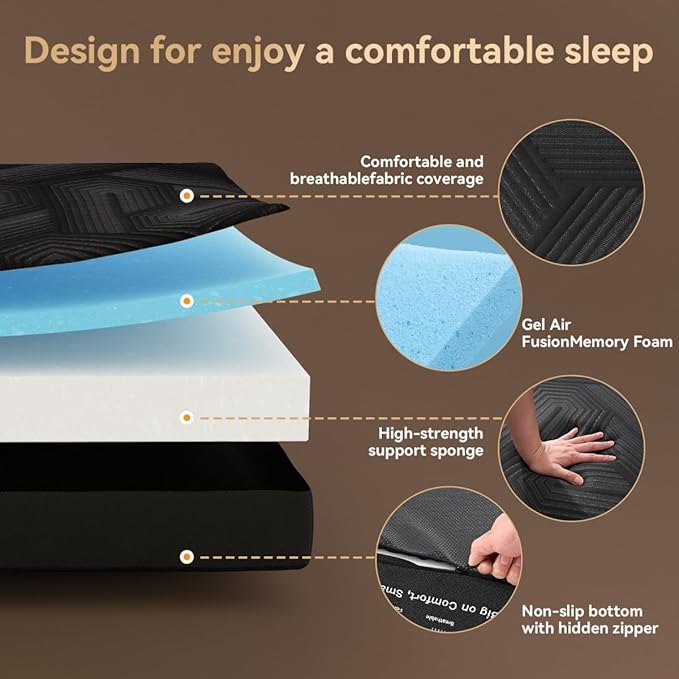 Mattress Topper, 6 Inch Memory Foam Tri-Fold Mattress King, Foldable Bed with Washable Cover, Handles and Non-Slip Bottom for Yoga, Living Room, Camping, 80"x76"x6", Black
