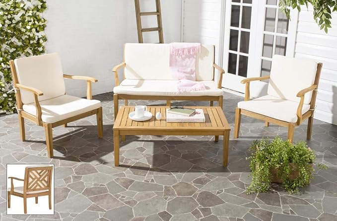 Safavieh Outdoor Living Collection Bradbury 4-Piece Outdoor Living Set, Natural/Beige, Chair: 25.6" x 24.8" x 31.9" Bench: 48.4" x 24.8"