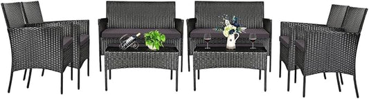 8 Pieces Patio Furniture Set, Outdoor Conversation Set with Ergonomic Curved Backrest, Patio Chair Set with Water-Resistant Cushion & Tempered Glass Table for Balcony,Porch,Poolside(Gray)