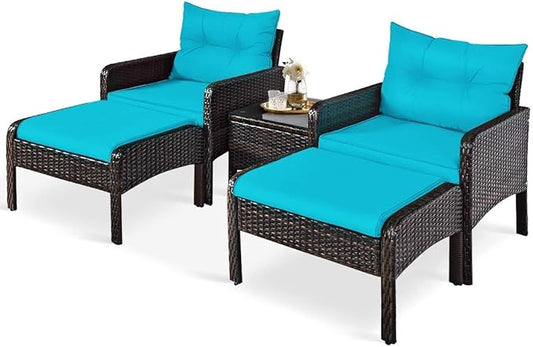 HAPPYGRILL 5-Pieces Patio Furniture Set Outdoor Rattan Wicker Conversation Set with Coffee Table Cushioned Sofas and Ottoman Chat Set for Garden Backyard