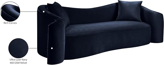 Meridian Furniture 44052Navy-S Destin Collection Modern | Contemporary Sofa with Ultra Luxe Navy 460 GSM Velvet, Rich Curves, 91" W x 34.5" D x 31" H, Navy