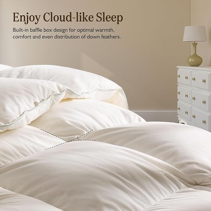 BPC Heavyweight Organic Feather Down Comforter King Size, Hotel-Luxury Extra Fluffy Duvet Insert with Cotton Cover and Puffy Feather Down Filling for Winter, Ivory White, 106x90 Inches