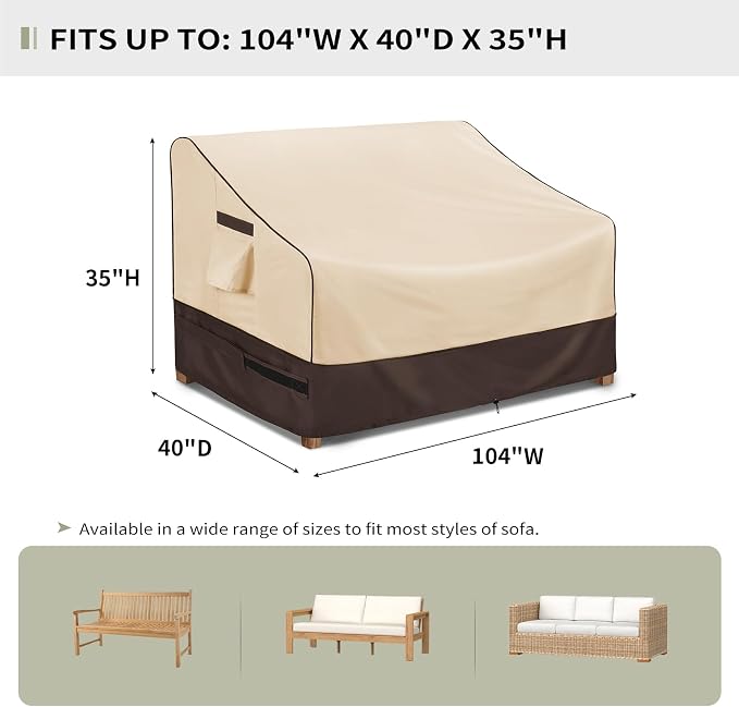 KylinLucky Waterproof Patio Loveseat Covers 104W x 40D x 35H inches,3-Seater Heavy Duty Outdoor Furniture Sofa Cover Khaki - Image 2