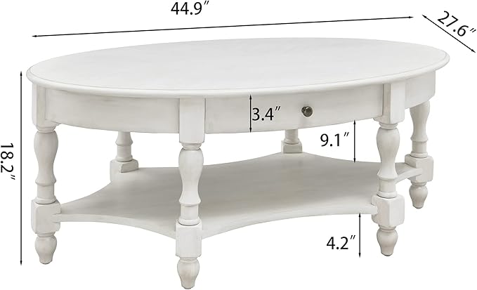 MODERION Coffee Table with Drawer, Solid Wood Oval Center Table with Storage Shelf, Traditional Living Room Table with Elegant Vintage Style, 45” x 27.6” x 18.2” Antique White KFZ2233RW