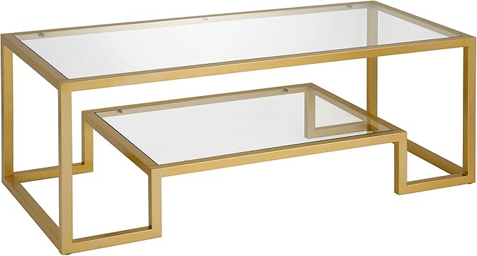 Henn&Hart 45" Rectangular Coffee Table with Glass Top and Raised Lower Shelf for Living Room, Family Room, or Office, Gold