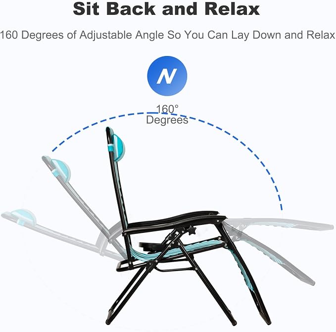 Nazhura Set of 2 Relaxing Recliners Patio Chairs Adjustable Steel Mesh Zero Gravity Lounge Chair Beach Chairs with Pillow and Cup Holder (Light Blue Stripe) - Image 5