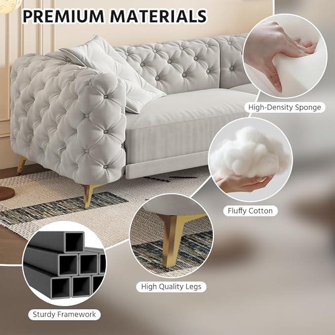 Ball & Cast 3-in-1 Convertible Sleeper Sofa with Movable Ottoman,97.7" Velvet Pull Out Sofa Bed, Modern Button Tufted 4-Seater Sofa Couch with Deep Seat for Living Room, Apartment,Office,Light Grey