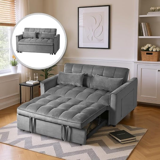 3 in 1 Pull Out Sofa Bed, 52.75" Sleeper Sofa Bed with 3-Level Adjustable Backrest, Velvet Fabric Loveseat Sleeper Couch for Living Room & Bedroom & Apartment & Dorm Furniture, Dark Grey