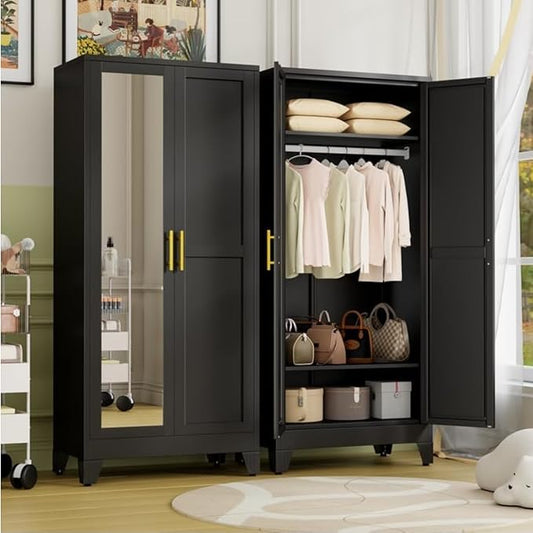 Metal Armoire Wardrobe Closet Storage Cabinet with Mirror Black, 71'' Wardrobe Cabinet with Hanging Rod Metal Closet with 2 Adjustable Shelves for Bedroom, Laundry Room, Cloak Room