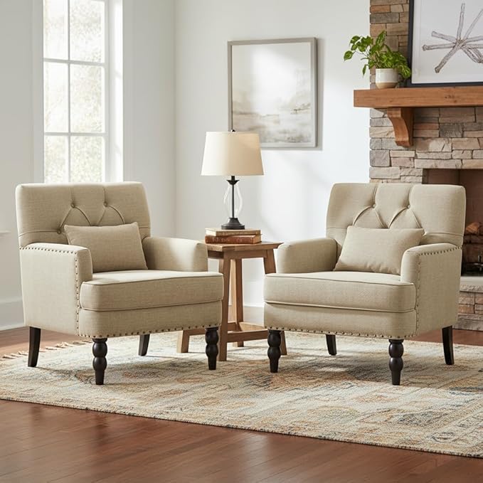 HUIMO Tufted Club Chair Set of 2 with Lumbar Pillow,Accent Chair Upholstered Button Armchair, Linen Fabric Sofa Chairs for Bedroom, Living Room, Mid Century Modern Reading Chair,Brown