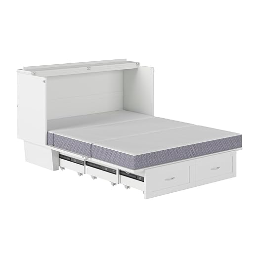 AFI, Chelsea Mid-Century Modern Queen Solid Wood Murphy Bed Chest with 6" Mattress, Storage Drawer & Built-in USB Charger, White