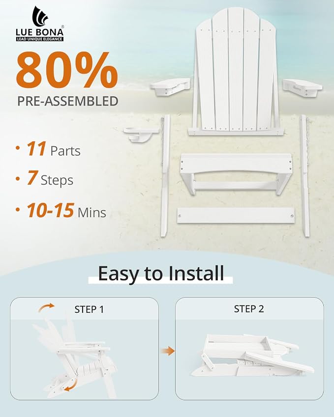 LUE BONA HDPE Folding Adirondack Chairs Set of 4 - Weather Resistant Seating with Cup Holder for Patio, Fire Pit, Deck & Resort Garden, White - Image 4