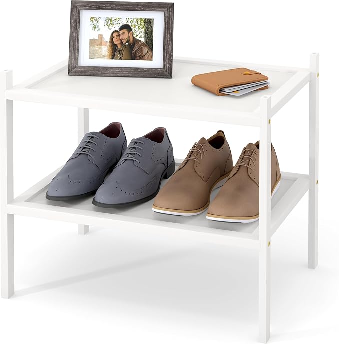 Smiry Bamboo Small Shoe Rack, 2 Tier Shoe Organizer for Entryway & Closet, Stackable Free Standing Storage Shelf for Shoes, Bags & Plants, White by Smiry