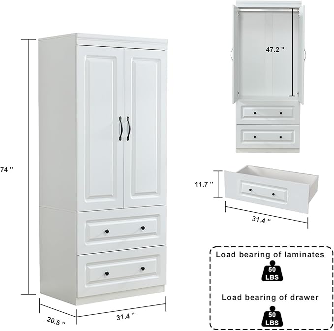 Wood Armoire Wardrobe Closet White Large Storage Clothes Cabinet Tall with 2 Doors, Wardrobe Cabinet with 2 Drawers, Armoires and Wardrobes with Hanging Rod and Shelves for Bedroom