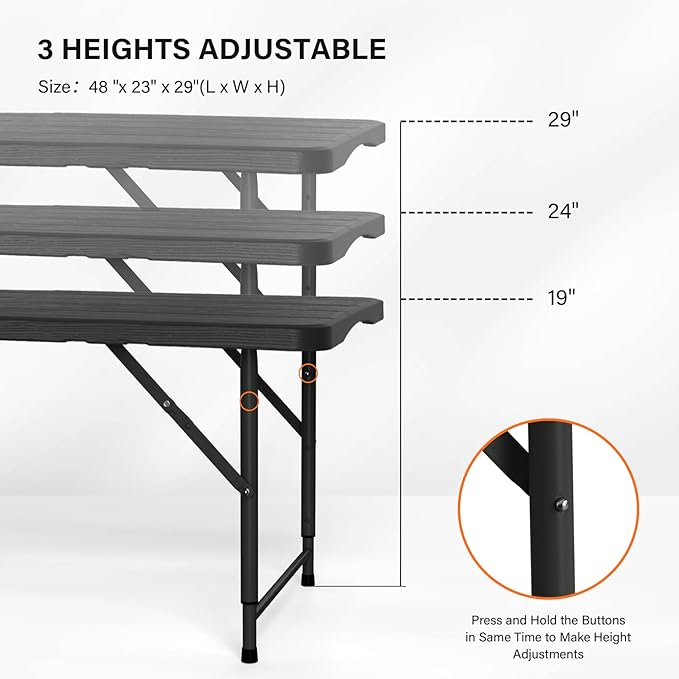 VINGLI 4 FT Plastic Folding Camping Table,3-Level Adjustable Height, Portable in/Outdoor Party Picnic Dining Desk,Off-White Garden Soccer Multipurpose Entertaining Activities, Black - Image 3
