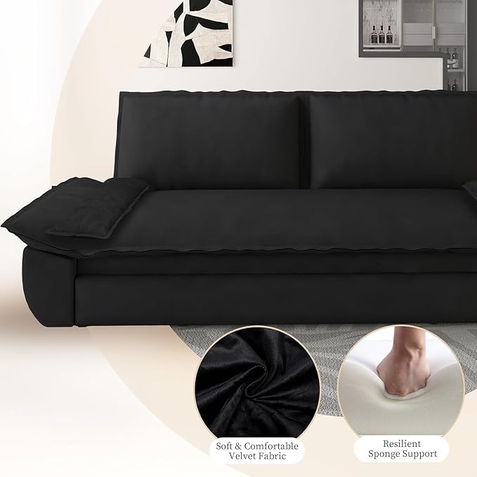 Rovibek 73" Pull Out Couch Queen Size, 3 in 1 Convertible Sleeper Sofa Bed, Velvet Convertible Sofa Bed, Futon Loveseat Sleeper for Living Room, Apartment, Black