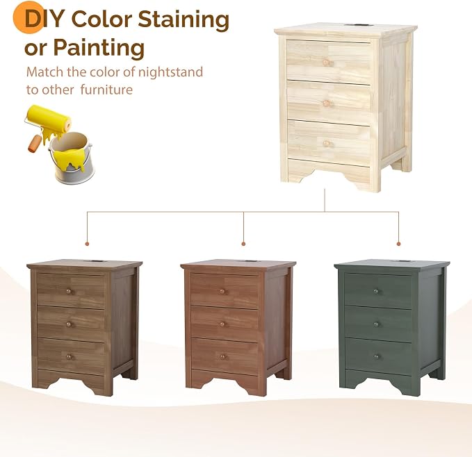 Bonnlo Solid Wood Nightstand Unfinished for Color DIY, 18.54" W Nightstand with Charging Station, Nightstand with Drawers, Natural Wood Nightstands/Bed Side Table/End Table, Night Stand for Bedroom - Image 4