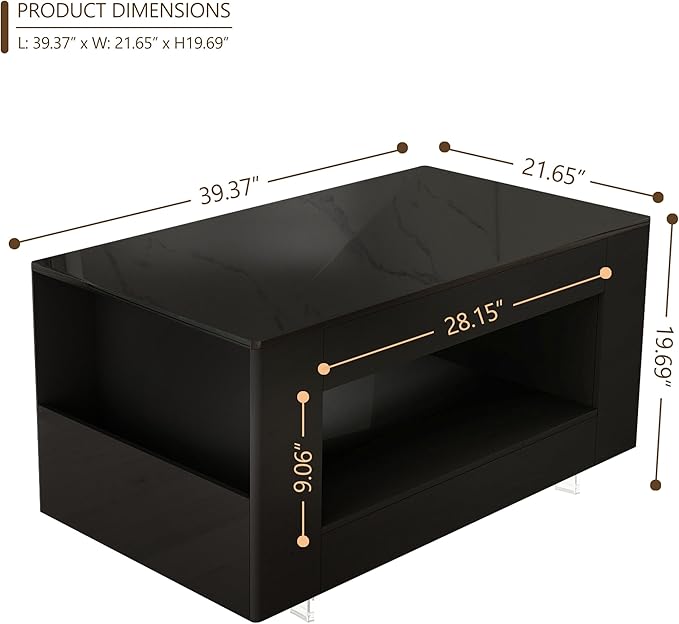 39" High Gloss Wood Coffee Table for Living Room, Sides Storage with Transparent Legs, Modern 2-Tier Storage Shelf Center Table for Home Office, Apartment, Black