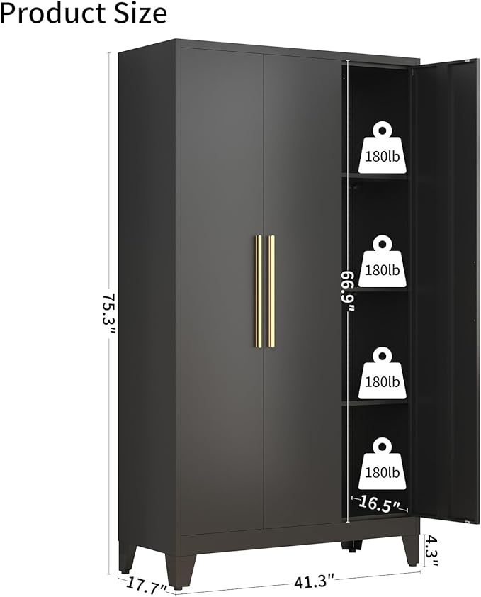 75.3" Tall Metal Armoire Wardrobe Closet with 3 Doors, Adjustable Hanging Rod and 5 Adjustable Shelves, Freestanding Storage Cabinet Organizer for Bedroom, Office, Laundry Room，Black