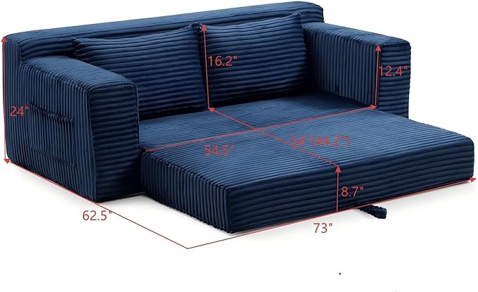 Convertible Sofa Bed, 2 in 1 Memory Foam Futon Couch, No Assembly Corduroy Foldable Sofa Bed, Comfy Floor Couch with 2 Pillows for Bedroom, Living Room, Apartment, Blue