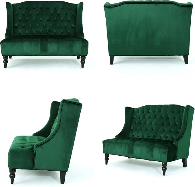 Modern Tufted Velvet Wingback Loveseat, Tufted Velvet 2 Seat Couch Sofas with High Back Thick Padded Cushioned Seats for Living Room, Victorian Style, Emerald
